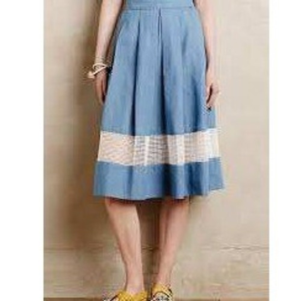 Harlyn Anthropologie Chambray Lace Pleated Midi Skirt SMALL Cottagecore Boho